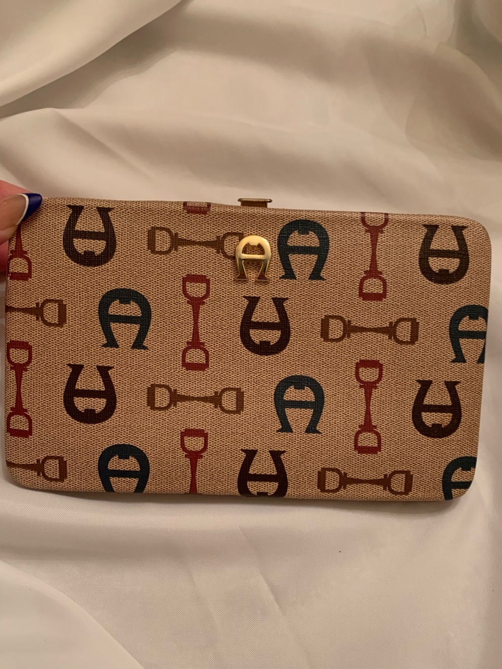 Vintage Etienne Aigner Beige Logo-Print Clutch with Navy & Burgundy Accents
